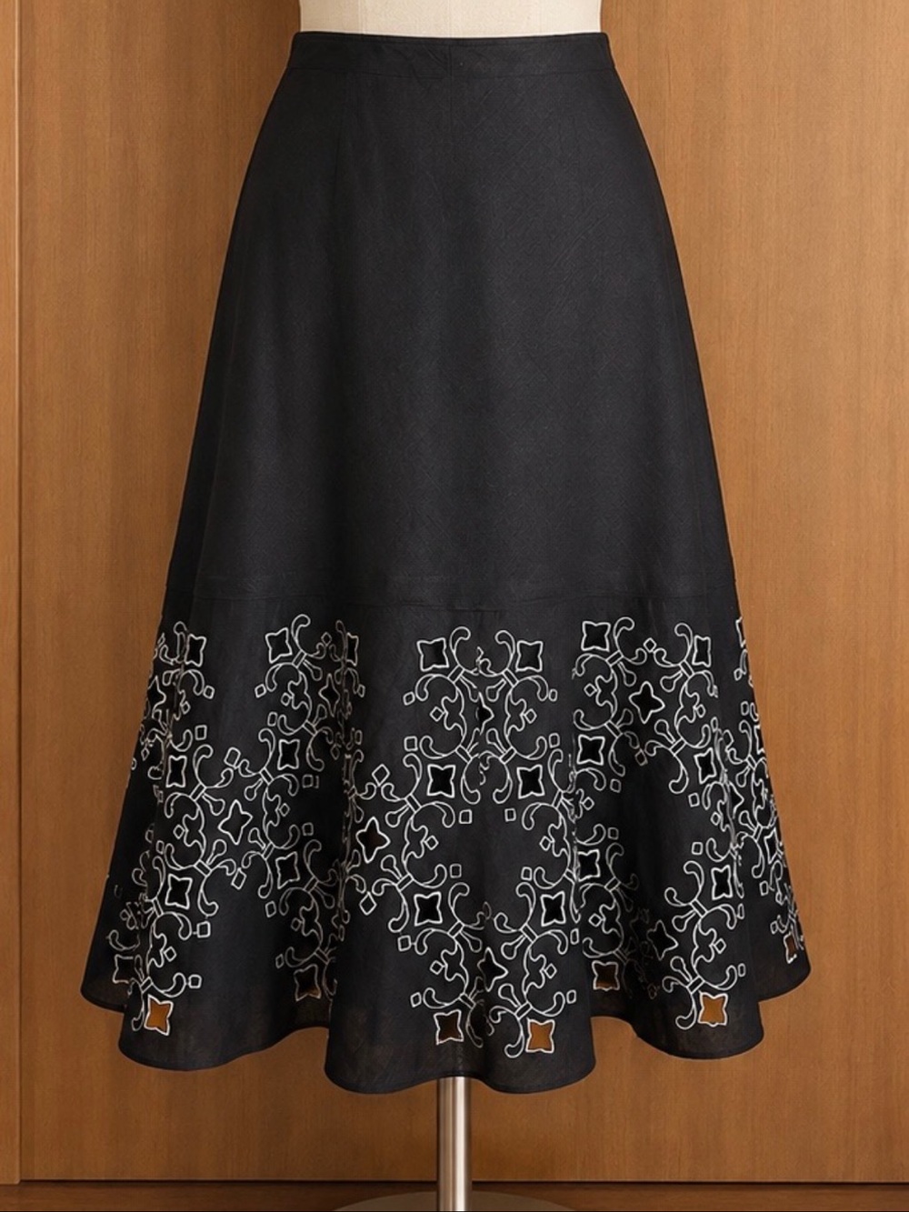 Brown  Linen A-Line Midi Skirt with a White Laser-cut decorative design.